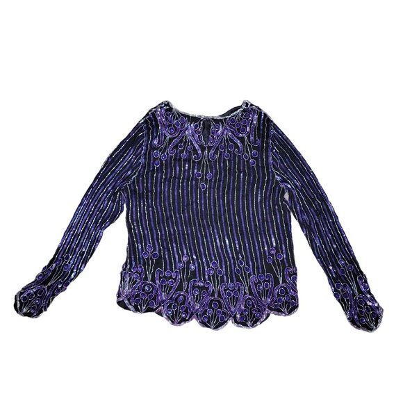 Vintage Sequin Beaded Top Black Purple Long Sleeve Blouse silk lined size xs - Picture 3 of 7